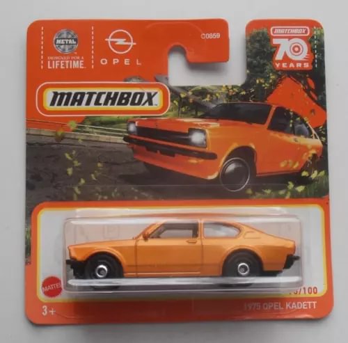 Matchbox 1975 Opel Kadett coupe diecast car, metalflake orange on retail card