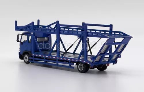 Blue diecast metal transport truck model with cargo rack and ramp