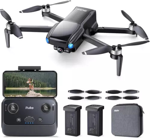 Compact camera quadcopter drone with remote, spare propellers, batteries, and carry case
