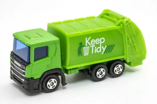 Green diecast refuse truck model with 'Keep Tidy' bin and detailed wheels
