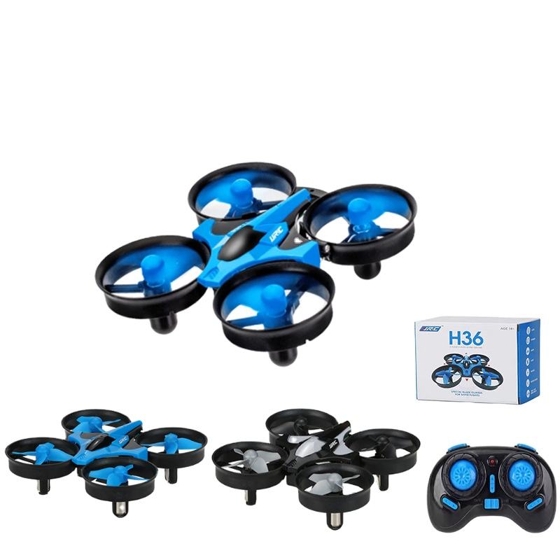 Blue small quadcopter drone with four rotors and handheld remote controller