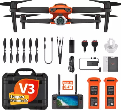 Camera drone with controller, hard case, and orange accessory kit