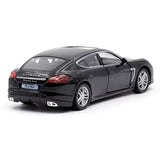 1/36 scale diecast model car of a black Porsche sedan, rear three-quarter view