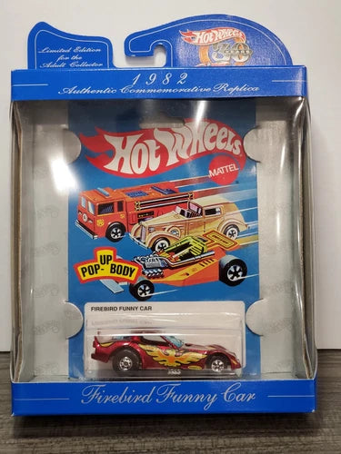Red and yellow Hot Wheels Firebird funny car die-cast in blister pack