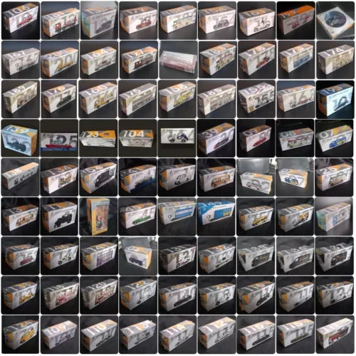 Assorted small diecast toy vehicle model boxes, including cars, bus, truck, and tram