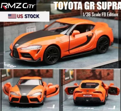 Orange 1/36 scale diecast sports car model with black hood accents