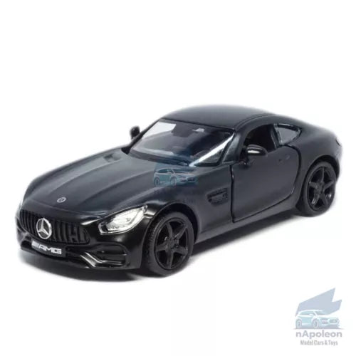 1/36 scale Mercedes AMG GTS diecast model car toy, black, front three-quarter view