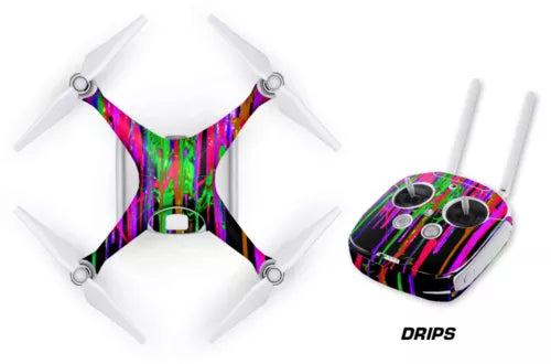Drone wrap skin decal set with multicolor vertical drip graphic on quadcopter and controller