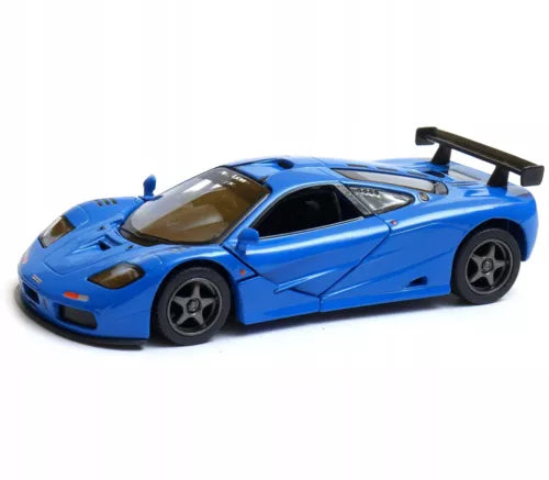 Blue diecast model sports car with rear spoiler, 1:36 scale