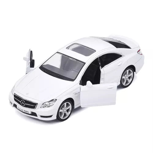 White 1:36 CLS 63 AMG diecast model car with open door
