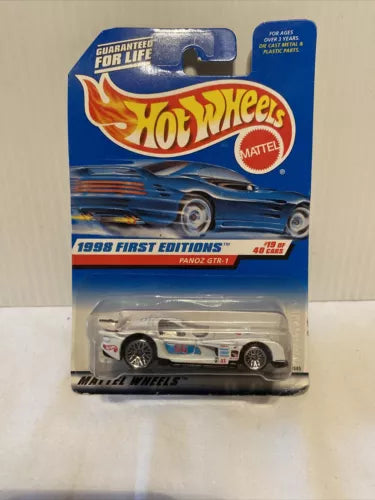 Hot Wheels diecast sports car, white Panoz GTR-1 in blister pack