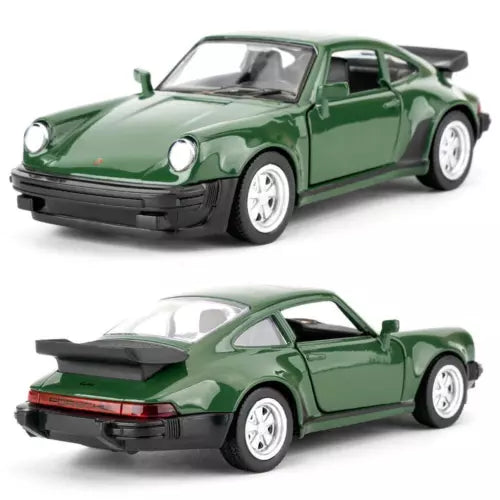 Green diecast pull-back toy car model with black front bumper and rear spoiler