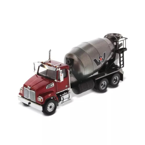 Diecast concrete mixer truck with red cab and gray mixer drum