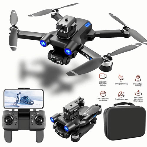 Foldable GPS drone with HD camera, remote controller, and protective carrying case