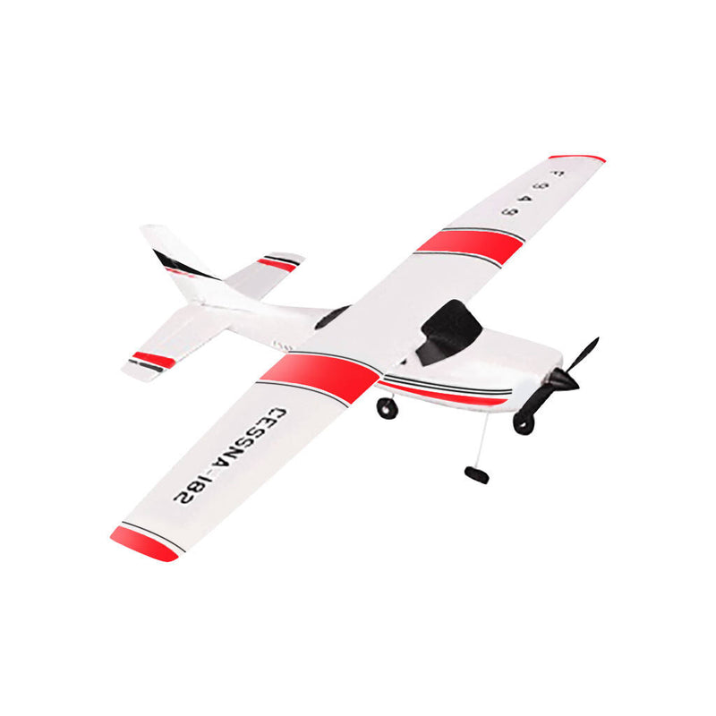 White RC fixed-wing plane with red stripes, landing gear and propeller