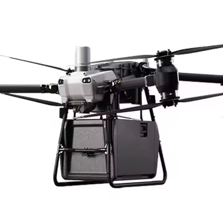 Cargo drone with quad rotors and open front cargo bay, black and gray