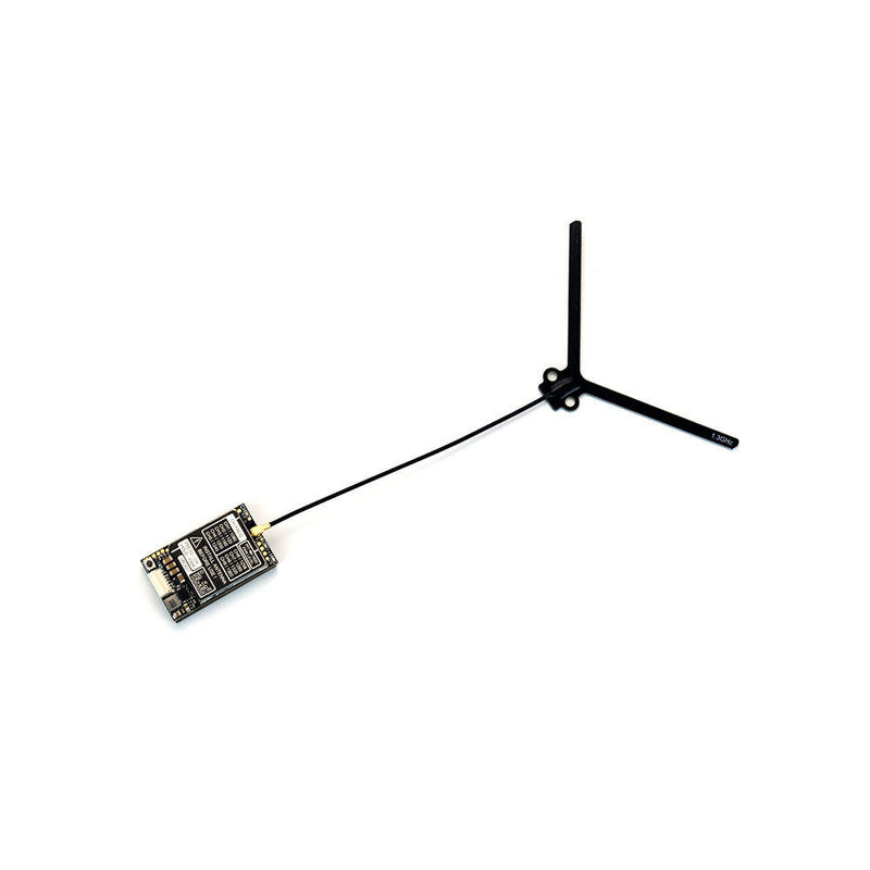 FPV transmitter module circuit board with attached wire and vertical antenna