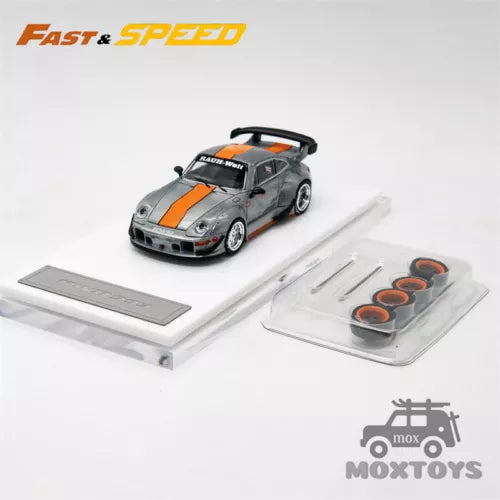 1:64 diecast model car toy, grey body with orange stripes and rear wing