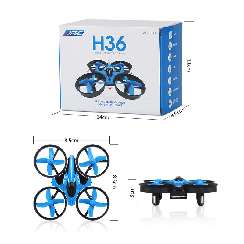Mini quadcopter drone with four blue propellers and dark body