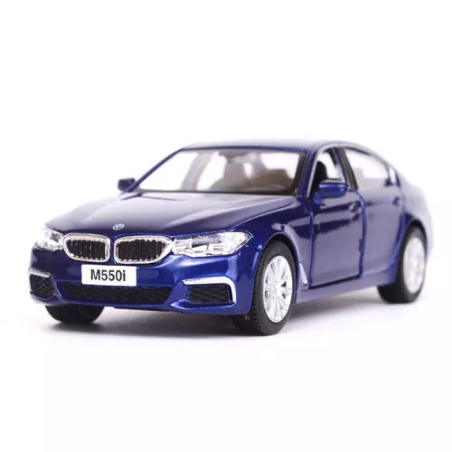 Blue diecast model car, front 3/4 view with BMW grille and headlights