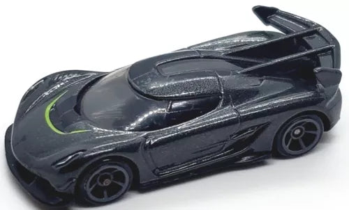 Hot Wheels gray diecast race car with green stripe, black wheels
