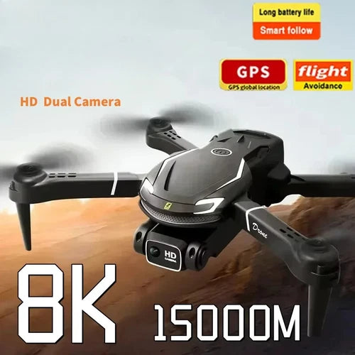 Black quadcopter drone with dual camera, four propellers, front gimbal