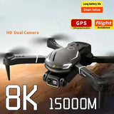 Black quadcopter drone with dual camera, four propellers, front gimbal