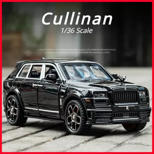 Black 1:36 diecast model SUV car with chrome grille and front lights