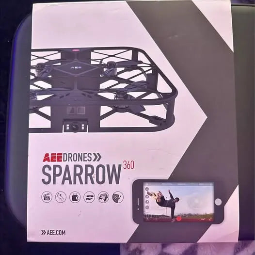 Drone retail package showing AEE Sparrow 360 drone and remote phone display