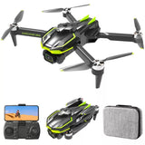 Foldable quadcopter drone with 4 props, black body with neon green accents, camera module