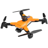 Orange folding quadcopter drone with four black propellers and front camera lens