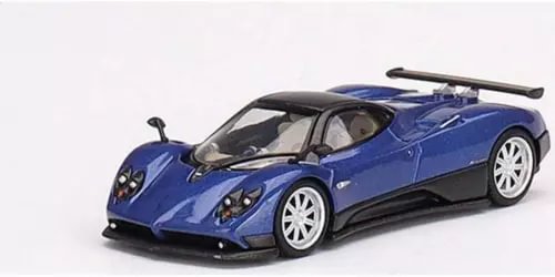 Blue sports car diecast model with black aero details and white-spoke wheels