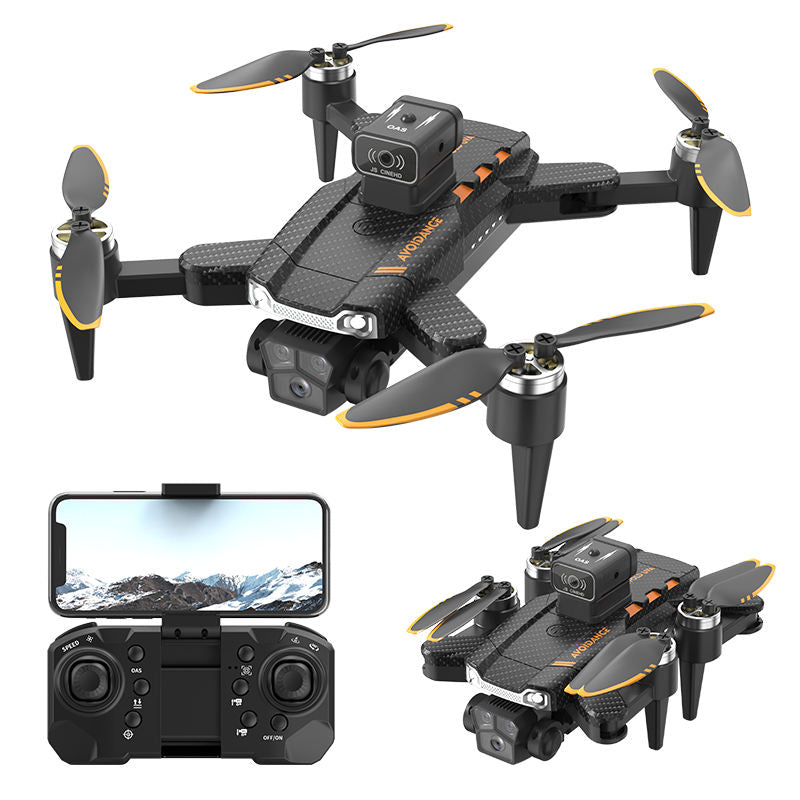 FPV quadcopter drone with four propellers, 3-camera body, and handheld controller