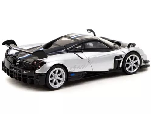 Gray diecast sports car model with black hood vents and rear spoiler, 1:64 scale