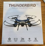 Black quadcopter drone with Wi‑Fi camera, shown on product box packaging