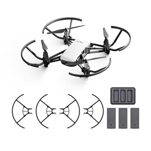 DJI Tello mini quadcopter drone with four propellers and charger battery pack