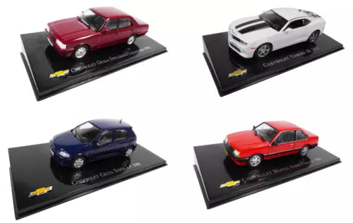 Diecast model car set of 4 with red, white, blue, and orange cars on display bases