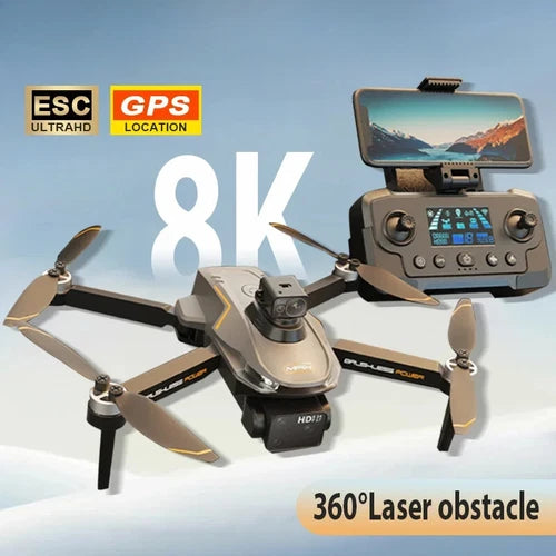 Dual-camera quadcopter drone with obstacle avoidance and 360° laser, plus handheld controller