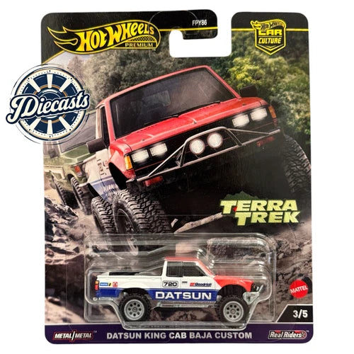 Hot Wheels diecast car: red Datsun King Cab Baja Custom with off-road tires.