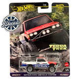 Hot Wheels diecast car: red Datsun King Cab Baja Custom with off-road tires.