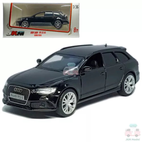 1:36 black Audi RS6 diecast model car, front three-quarter view, detailed wheels