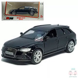 1:36 black Audi RS6 diecast model car, front three-quarter view, detailed wheels