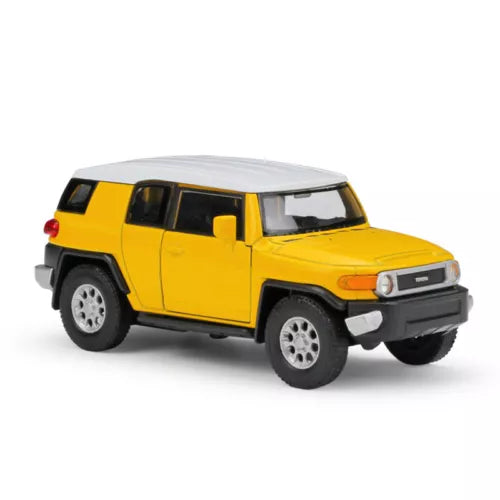 Yellow diecast pullback model car with black grille and wheels, front 3/4 view
