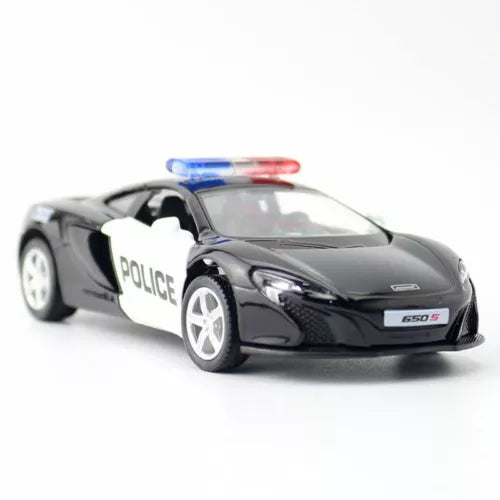 McLaren 650S police diecast model car, black with police decal and white wheels