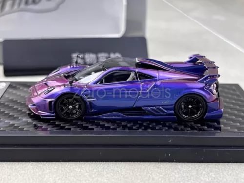 1:64 scale purple sports racing diecast model car, side view, black wheels