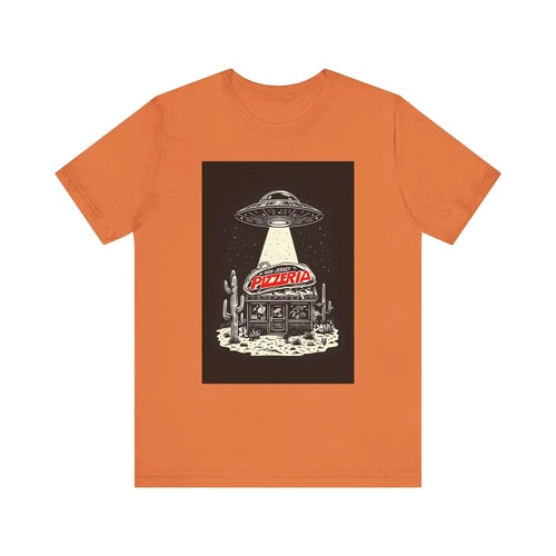Orange unisex T-shirt with square graphic of UFO above pizzeria storefront