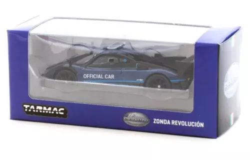 Diecast model car in display box, black with blue stripe and Zonda Revolucion styling