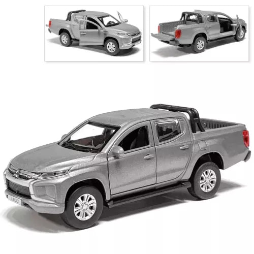 Silver metal diecast pickup truck with open cargo bed, 4-door cab, model car