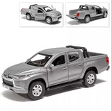 Silver metal diecast pickup truck with open cargo bed, 4-door cab, model car