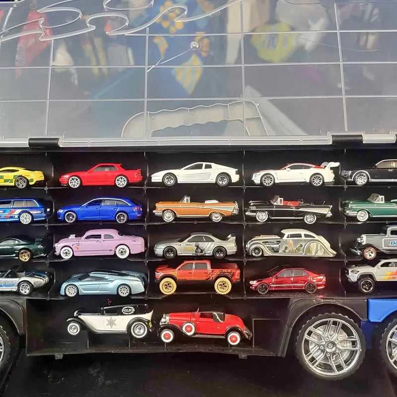 Diecast vehicle toy set display with multiple colorful cars on shelf